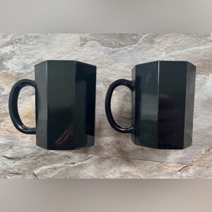 Set of 2 Arcoroc France Octime Black Glass Coffee Mugs Cups 8 Sided Octagon VTG